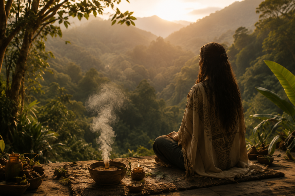 Persona meditando frente a un valle con luz cálida y humo ceremonial