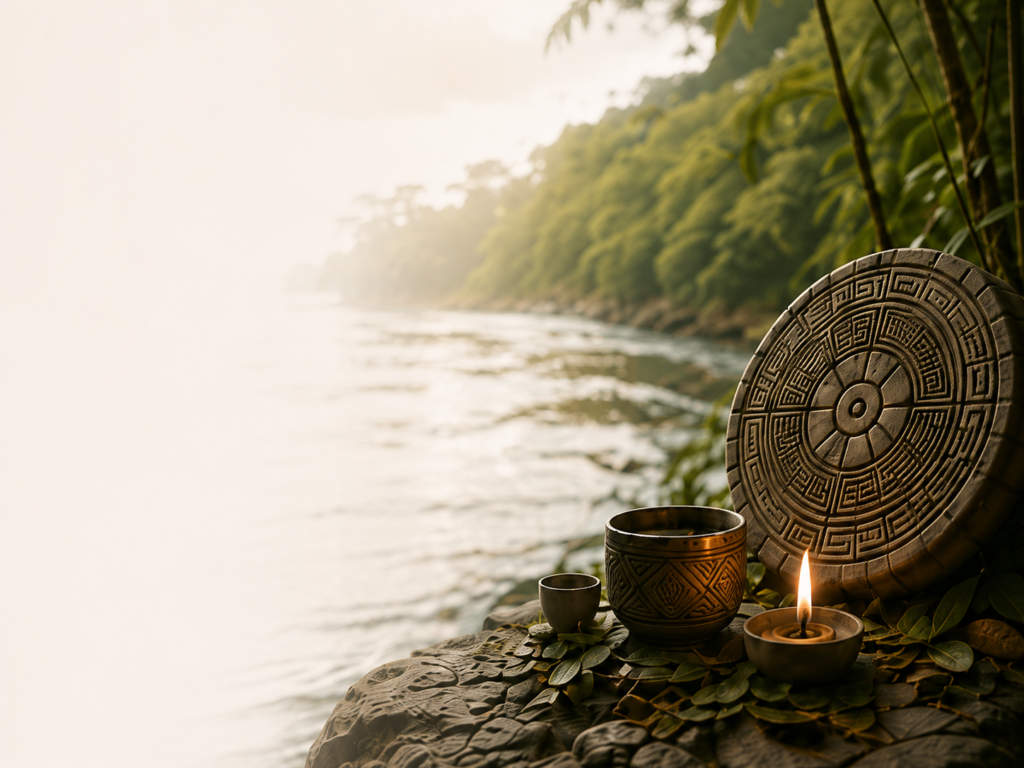 Río, selva y objetos ceremoniales junto a una vela encendida