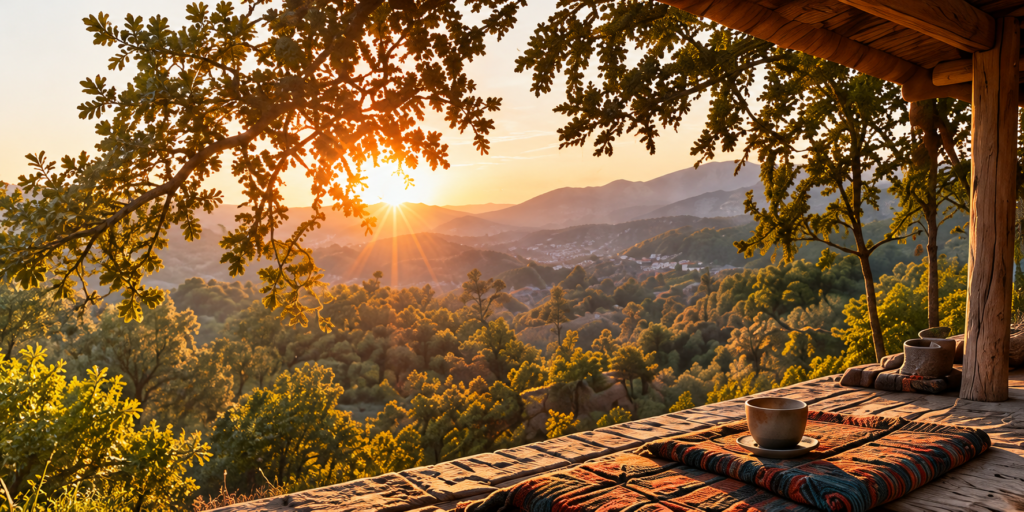Atardecer sobre un paisaje arbolado visto desde una terraza de madera