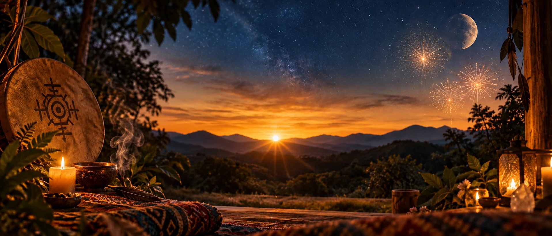 Altar ceremonial al atardecer bajo un cielo estrellado