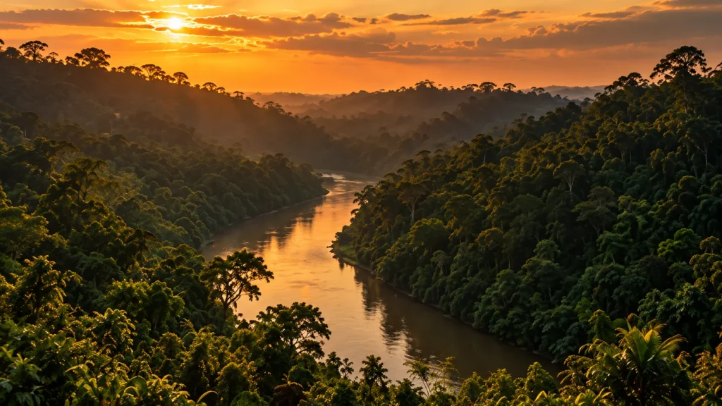 Río serpenteante entre colinas de selva al atardecer, imagen ilustrativa
