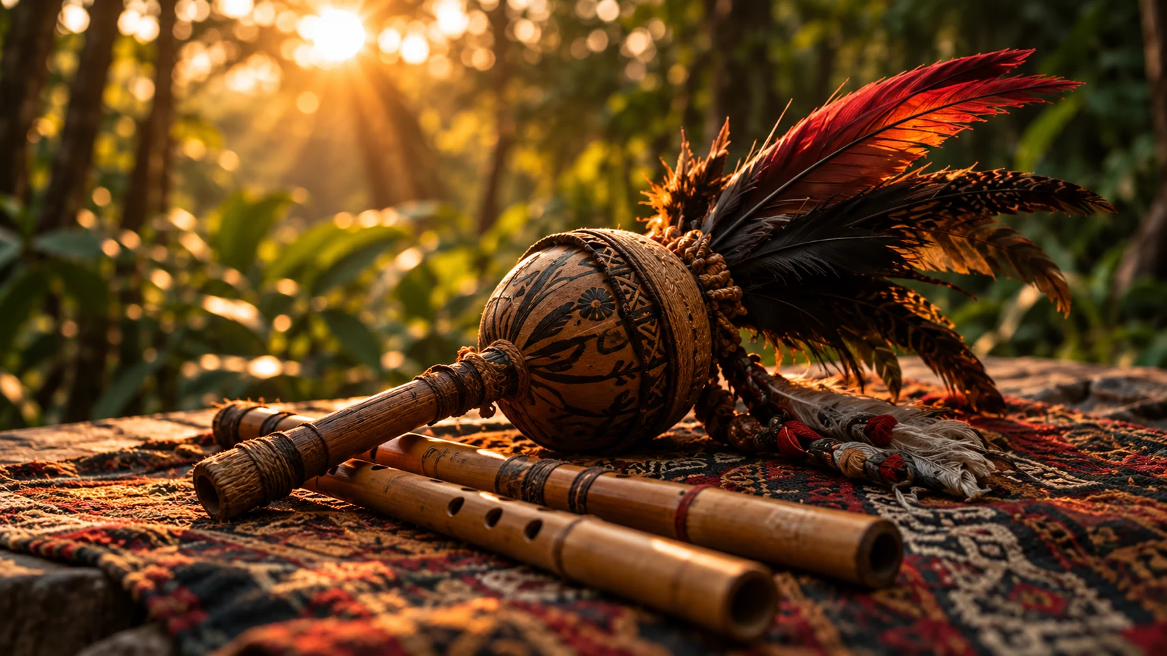 Instrumentos musicales artesanales sobre un tejido en la naturaleza