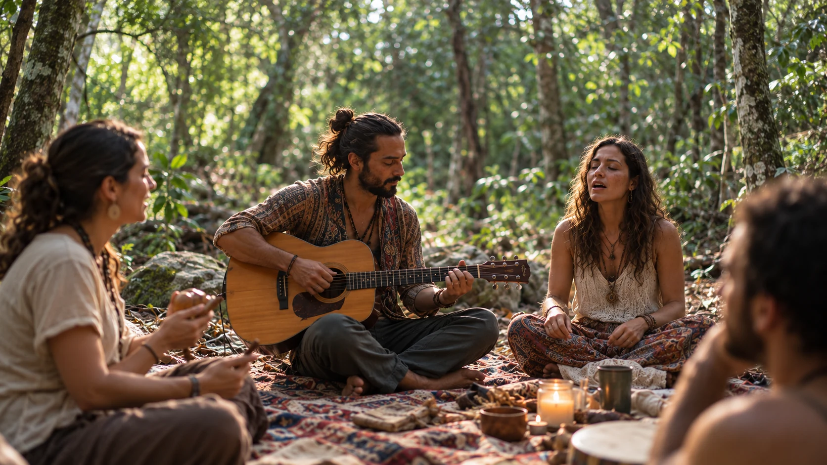 Personas compartiendo música acústica en un círculo al aire libre