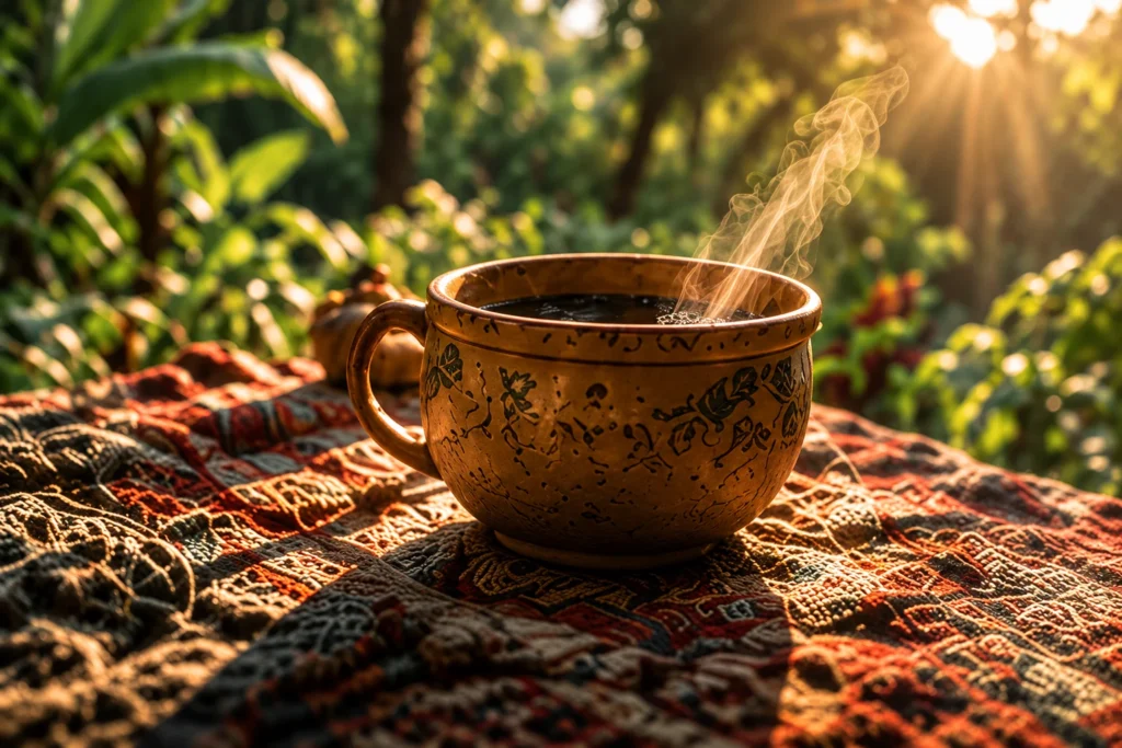 Taza de cerámica sobre un tejido natural en un entorno verde, imagen ilustrativa