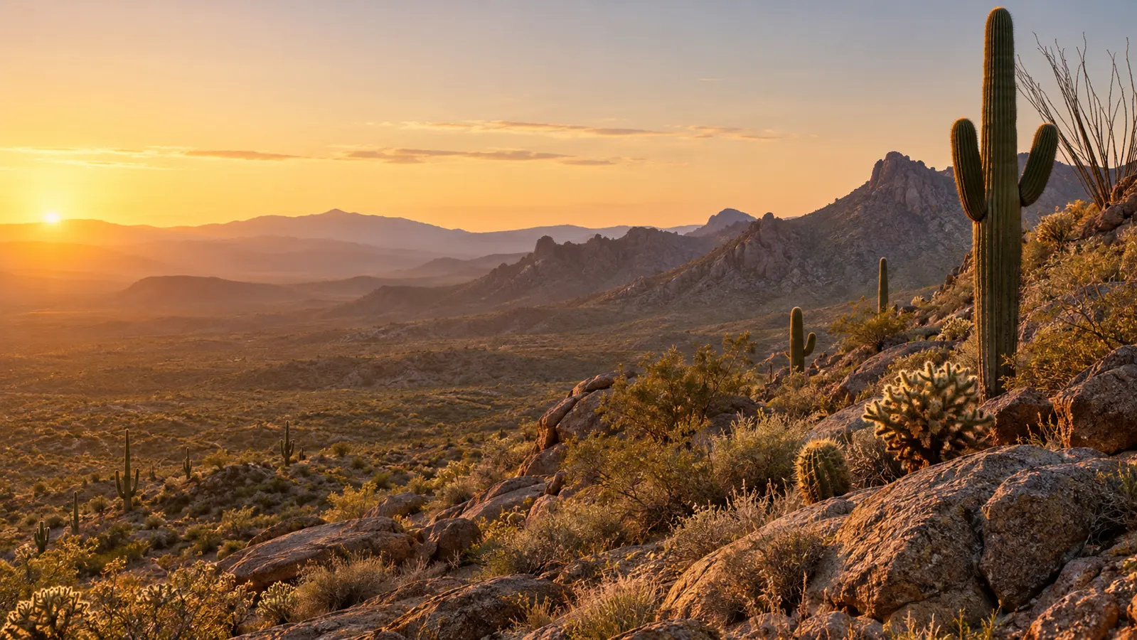 Paisaje del desierto de Sonora al amanecer, con vegetación nativa