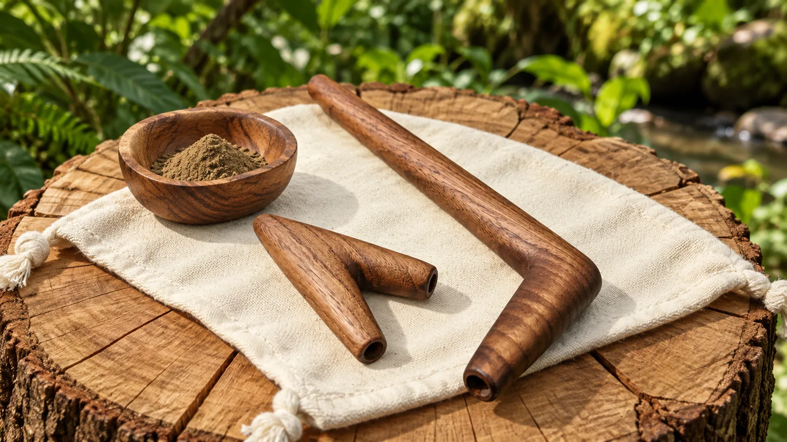 Cuenco de madera con rapé, tepi largo angulado y kuripe pequeño de madera sobre tela natural