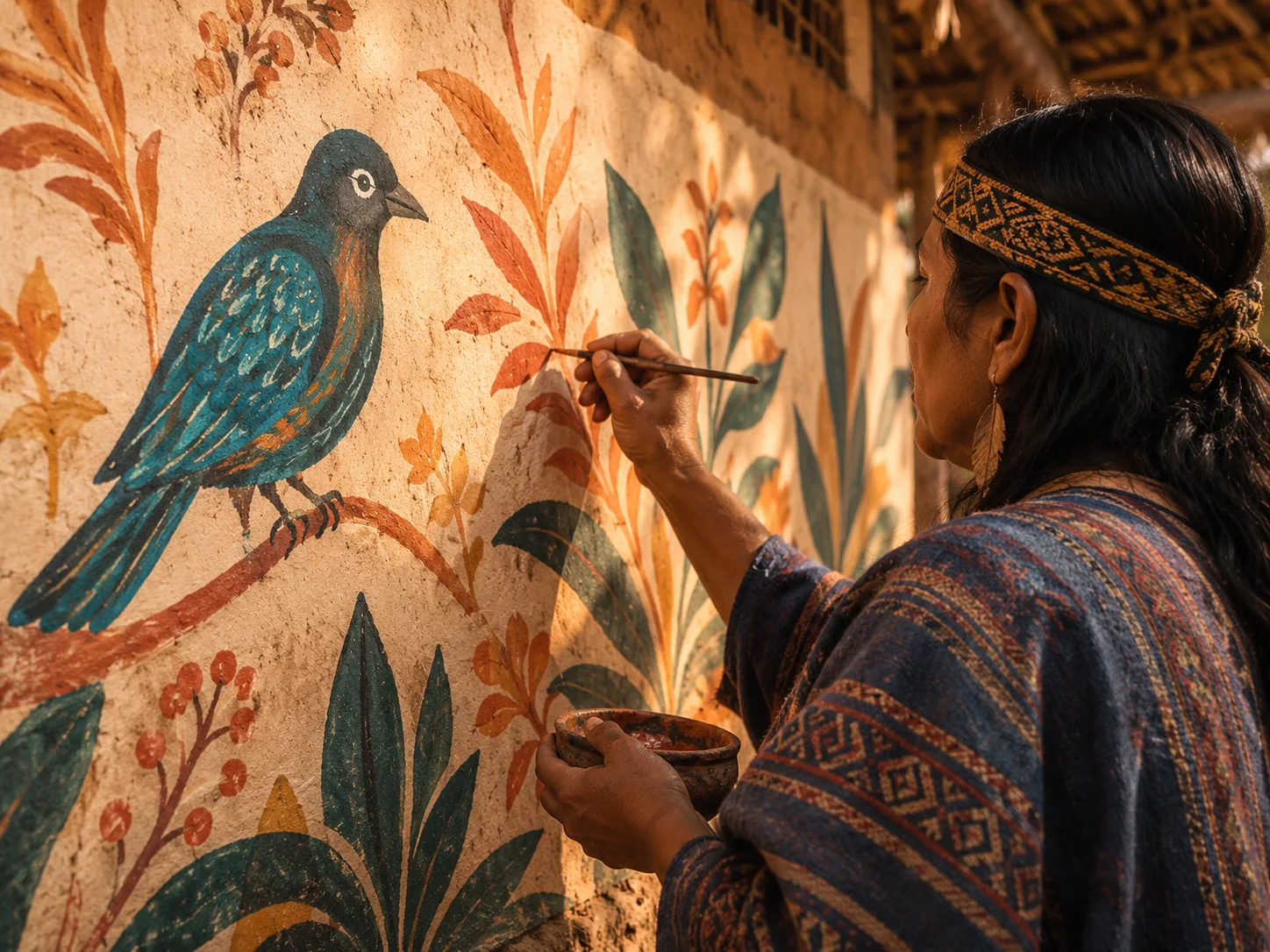 Mujer pinta un mural botánico y de aves, imagen conceptual