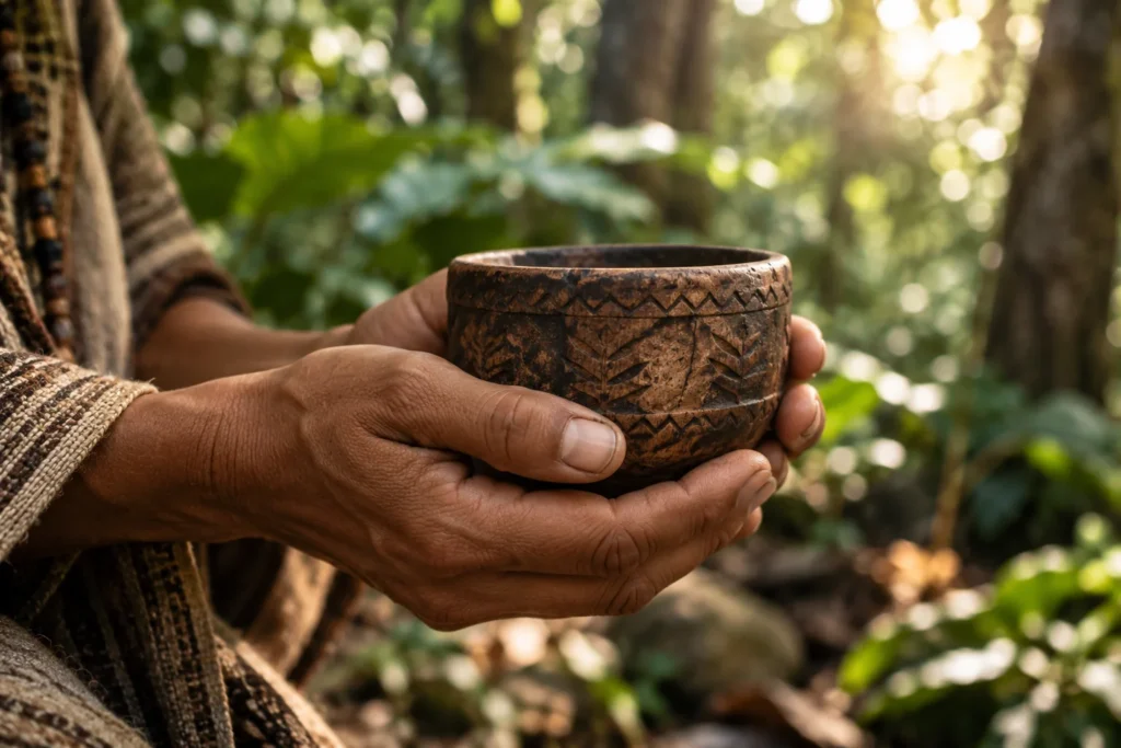 Manos sosteniendo un recipiente ceremonial de madera