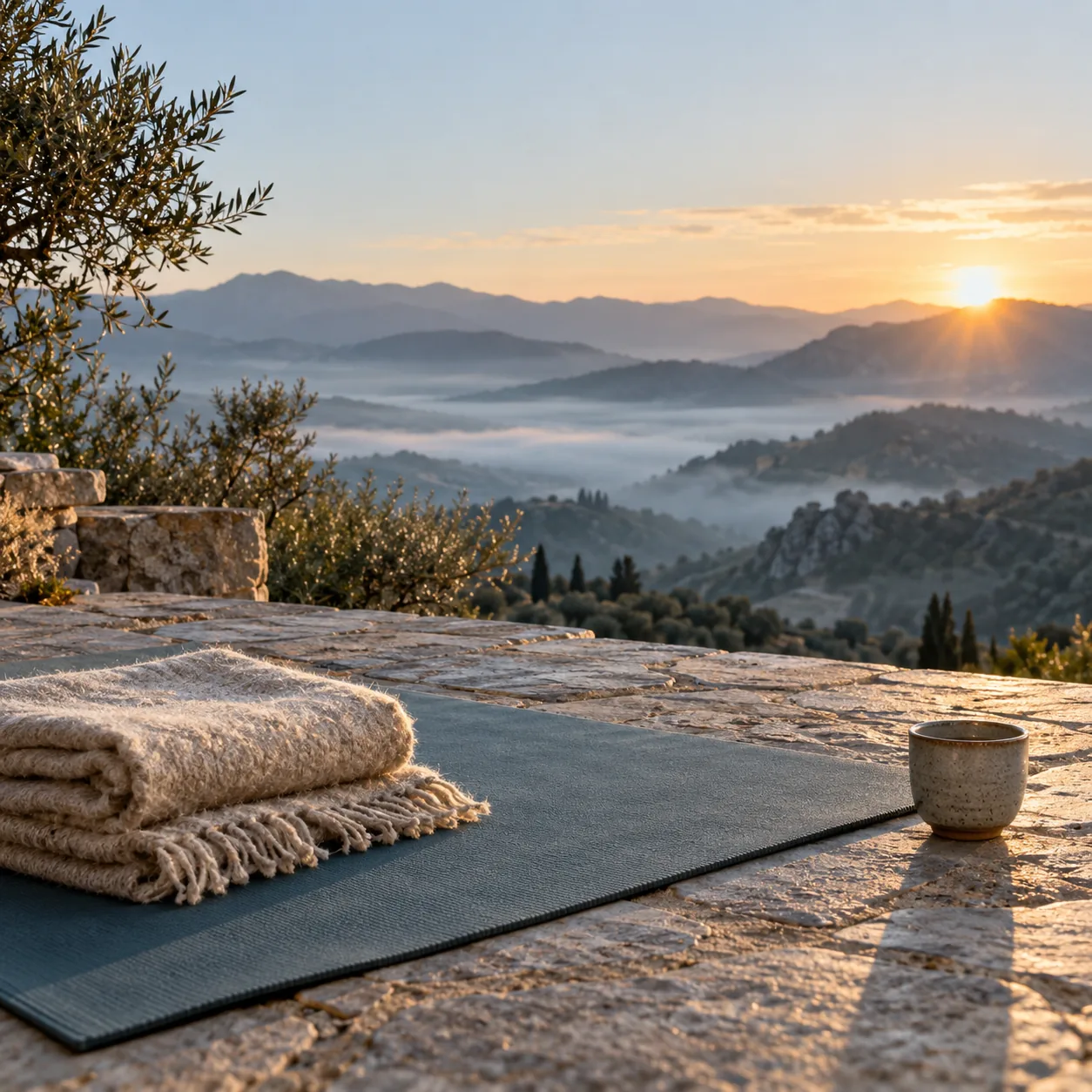 Esterilla de yoga y manta al amanecer en la montaña