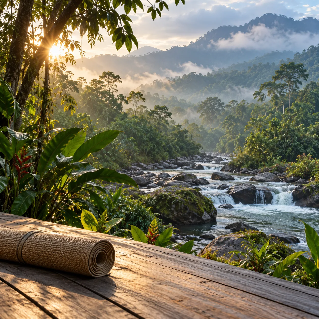 Esterilla de yoga junto a un río en la selva del Putumayo