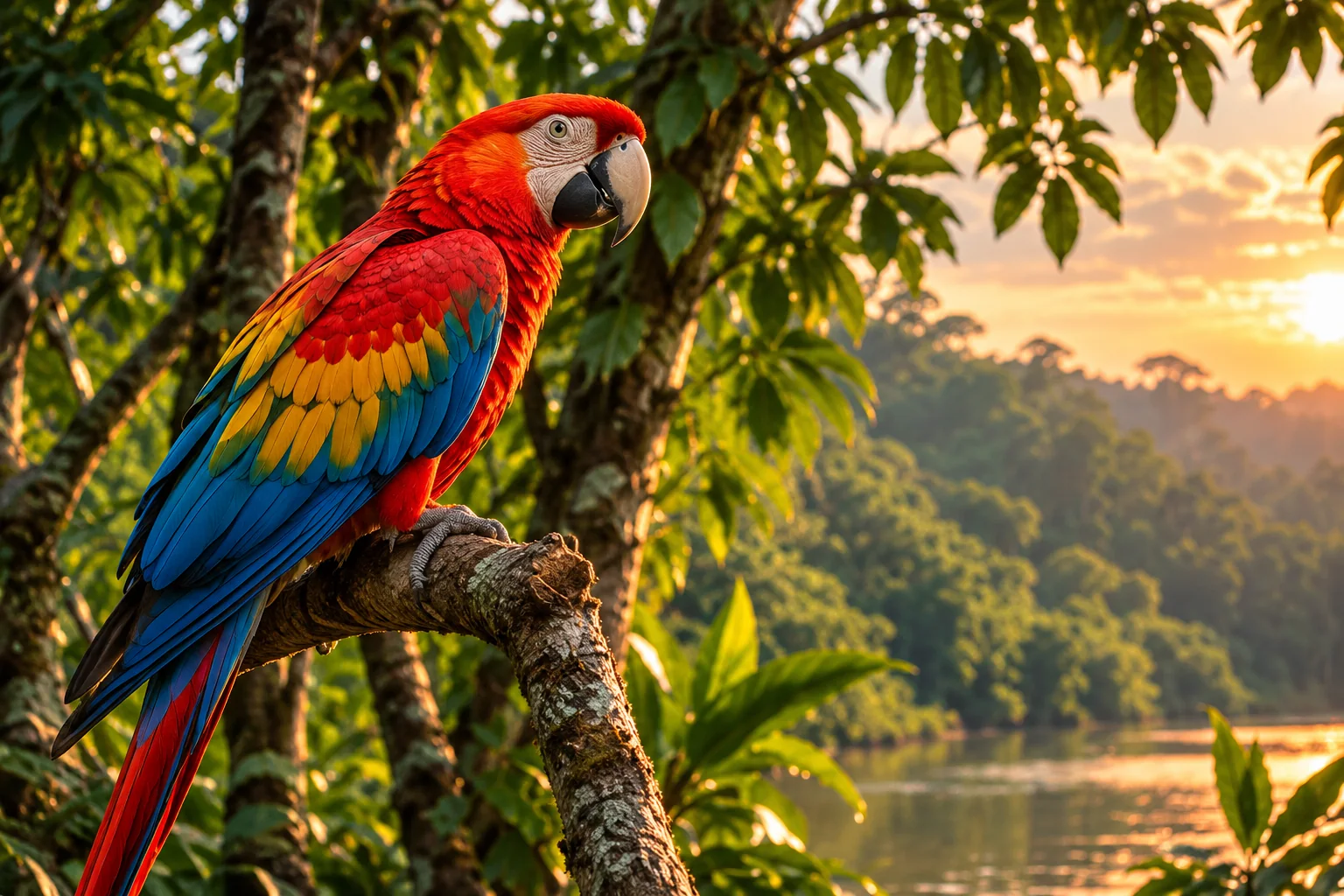 Guacamayo ilustrativo en un paisaje de selva