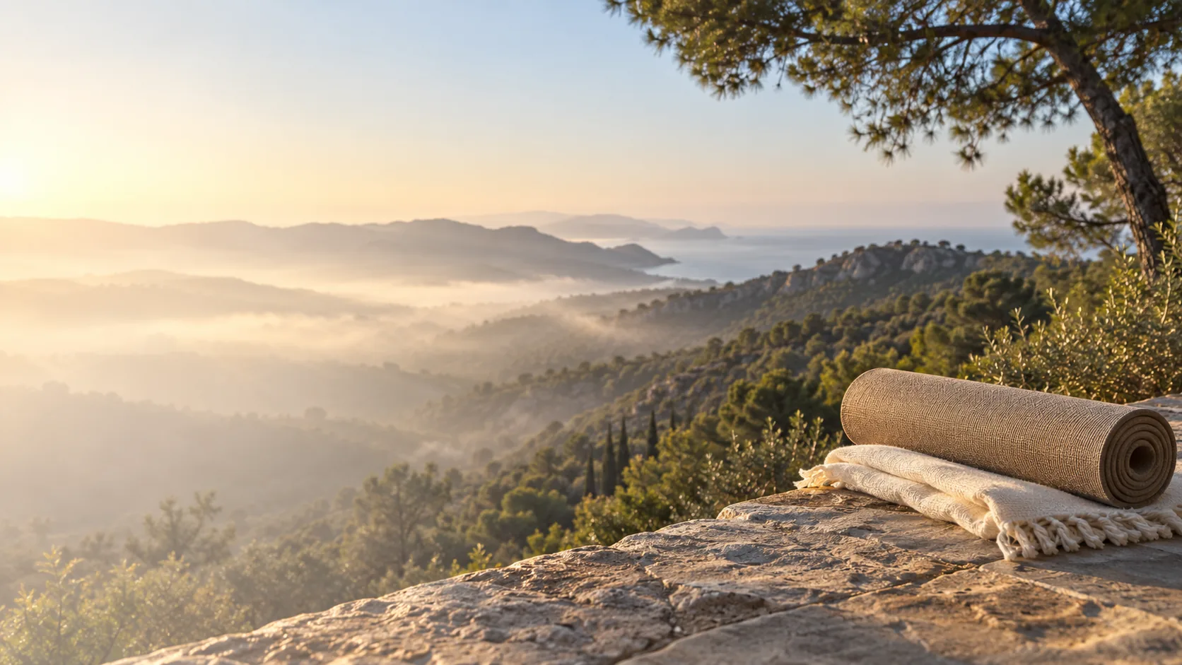 Esterilla de yoga ante un paisaje arbolado mediterráneo al amanecer