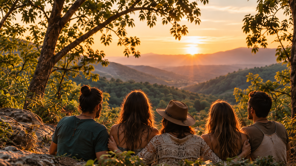 Grupo de personas contemplando un paisaje de montaña al atardecer, imagen ilustrativa.