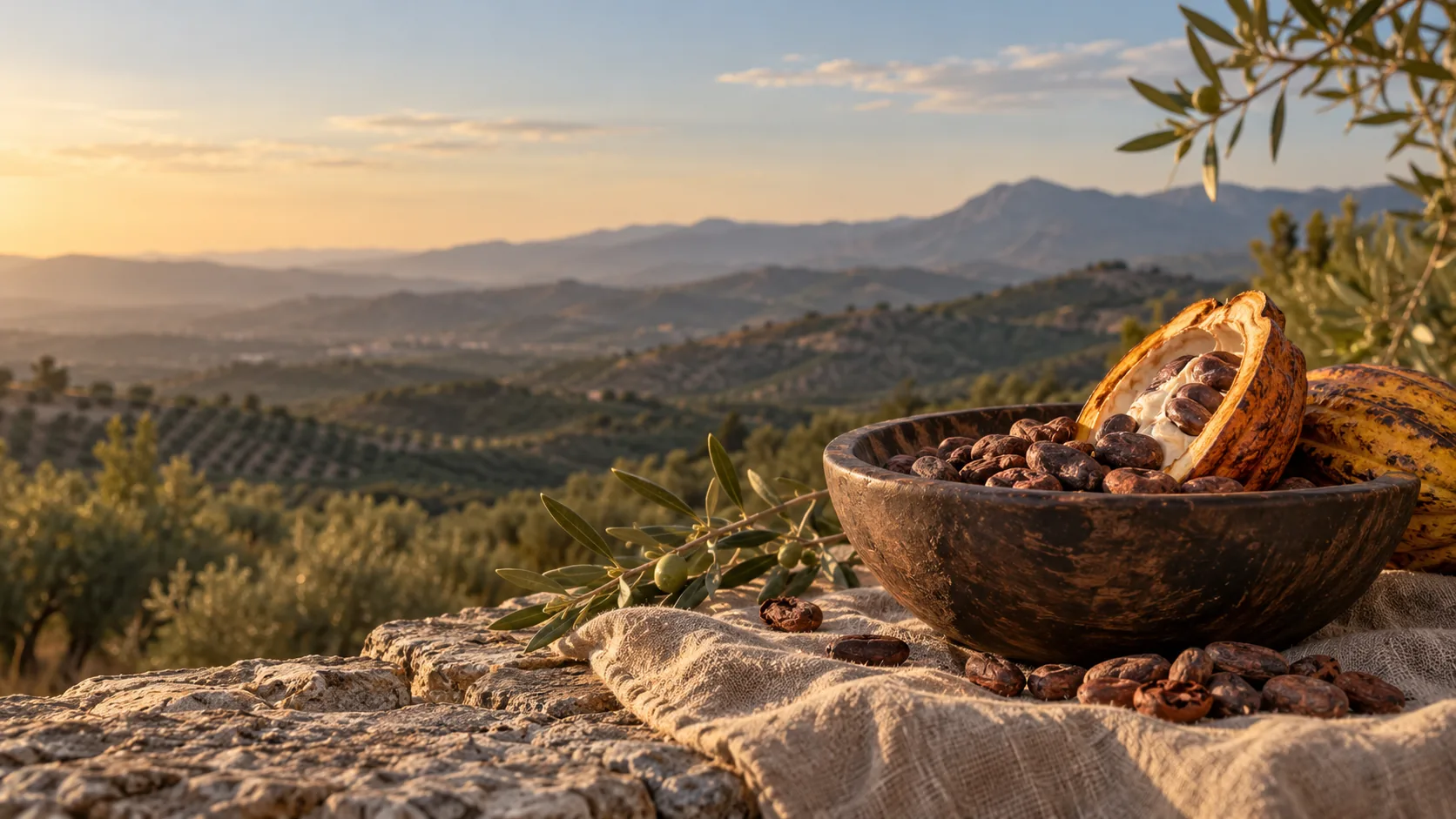Cuenco de cacao ante el paisaje del interior de Málaga