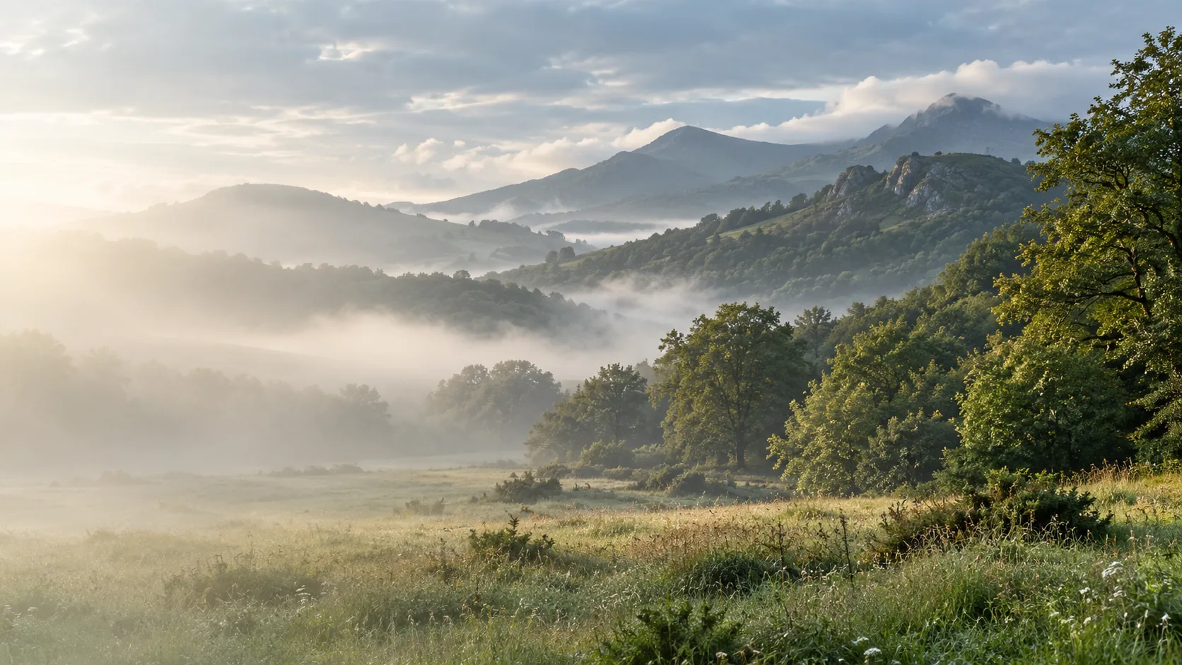 Pradera y bosque entre montañas brumosas del País Vasco