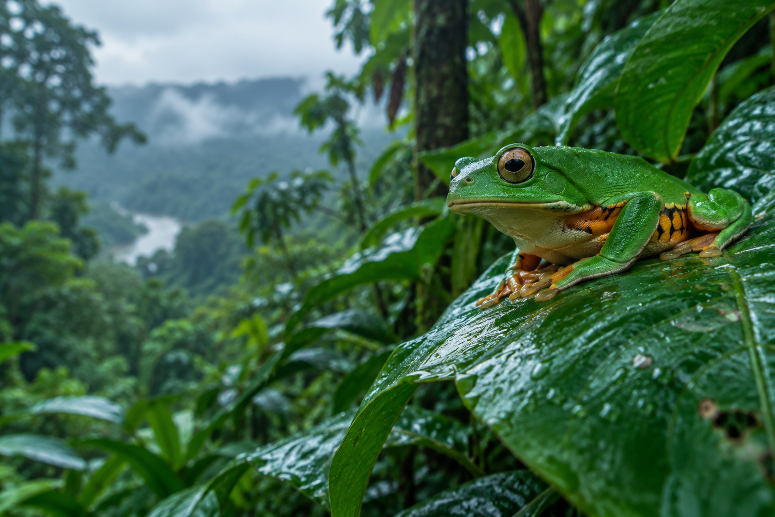 Rana amazónica verde sobre una hoja húmeda en la selva