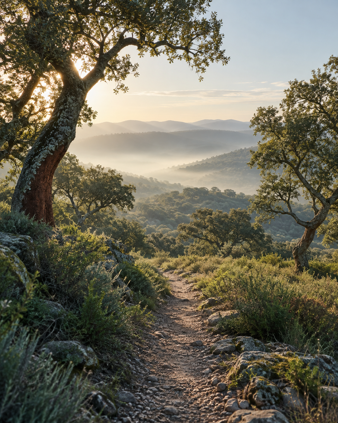 Sendero entre encinas y colinas al amanecer