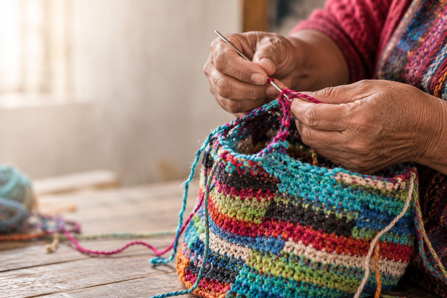 Manos de una mujer mayor tejiendo con aguja una bolsa colorida a medio hacer