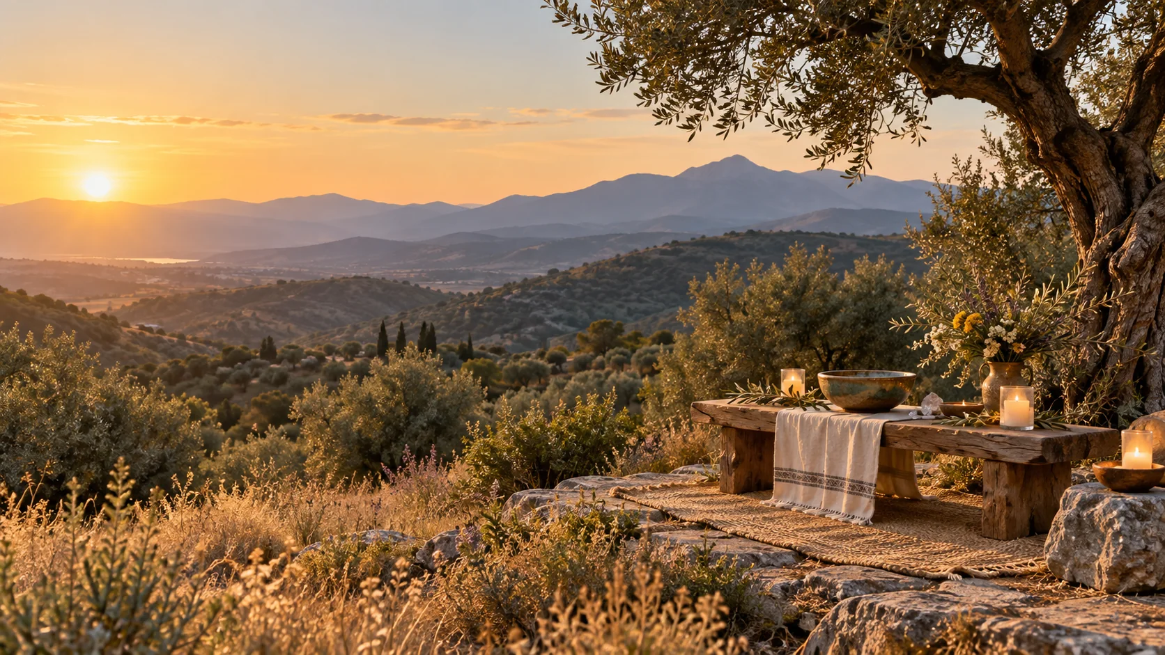 Paisaje andaluz con olivo y altar ceremonial sencillo al atardecer