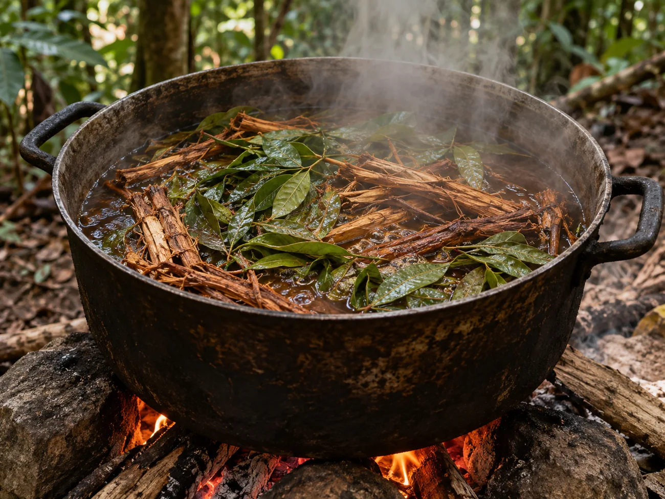 Olla de cocción con caapi y hojas de chacruna