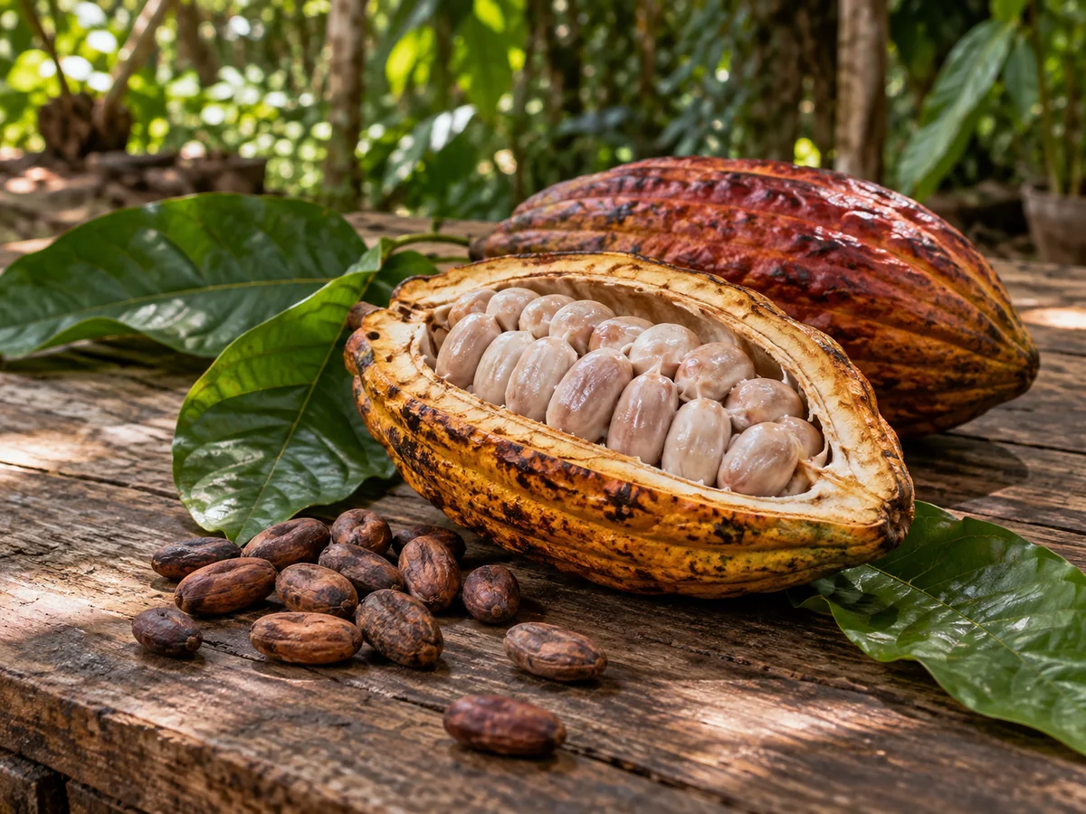 Frutos de cacao sobre una mesa de madera