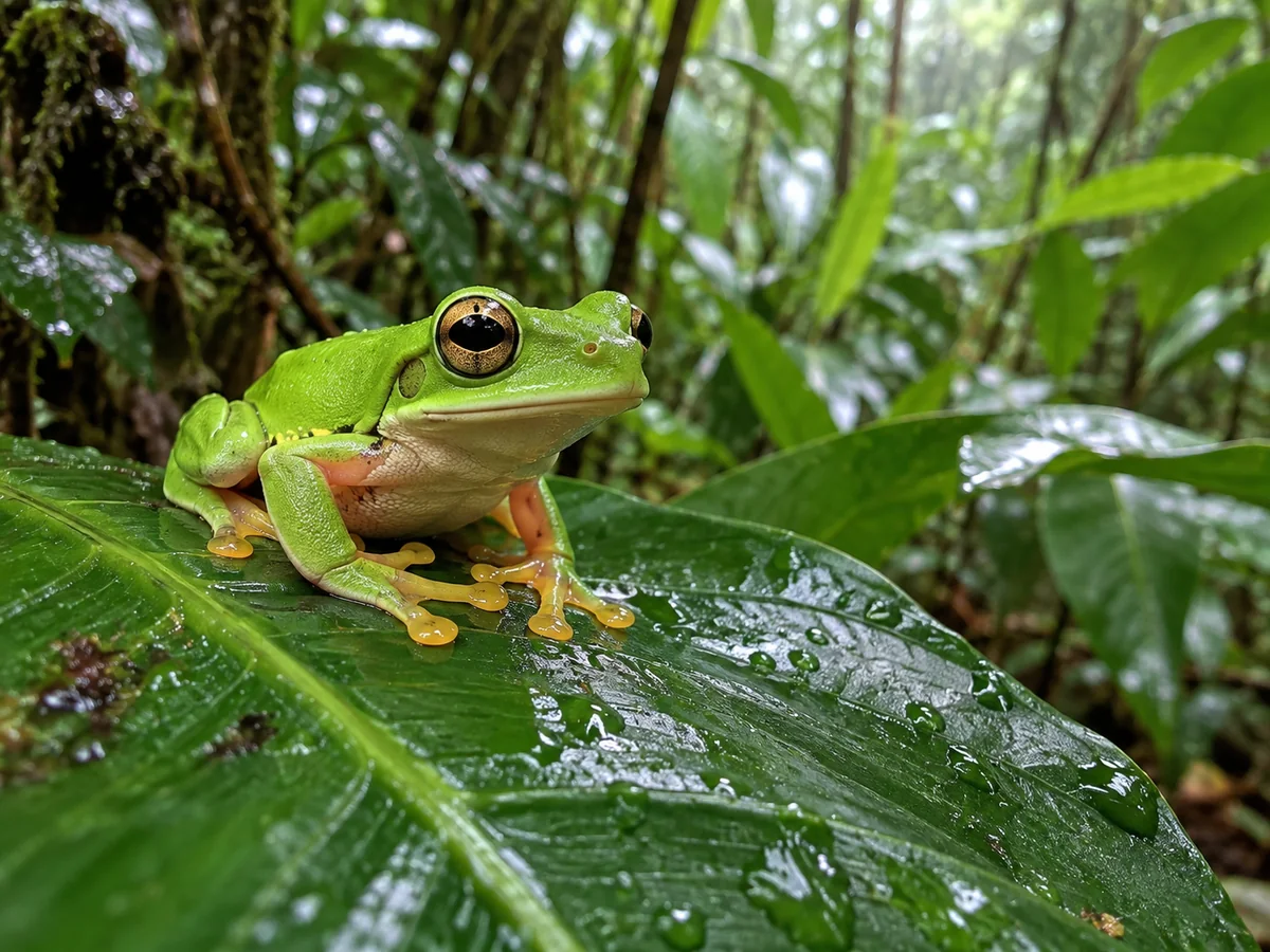Rana verde entre hojas del bosque