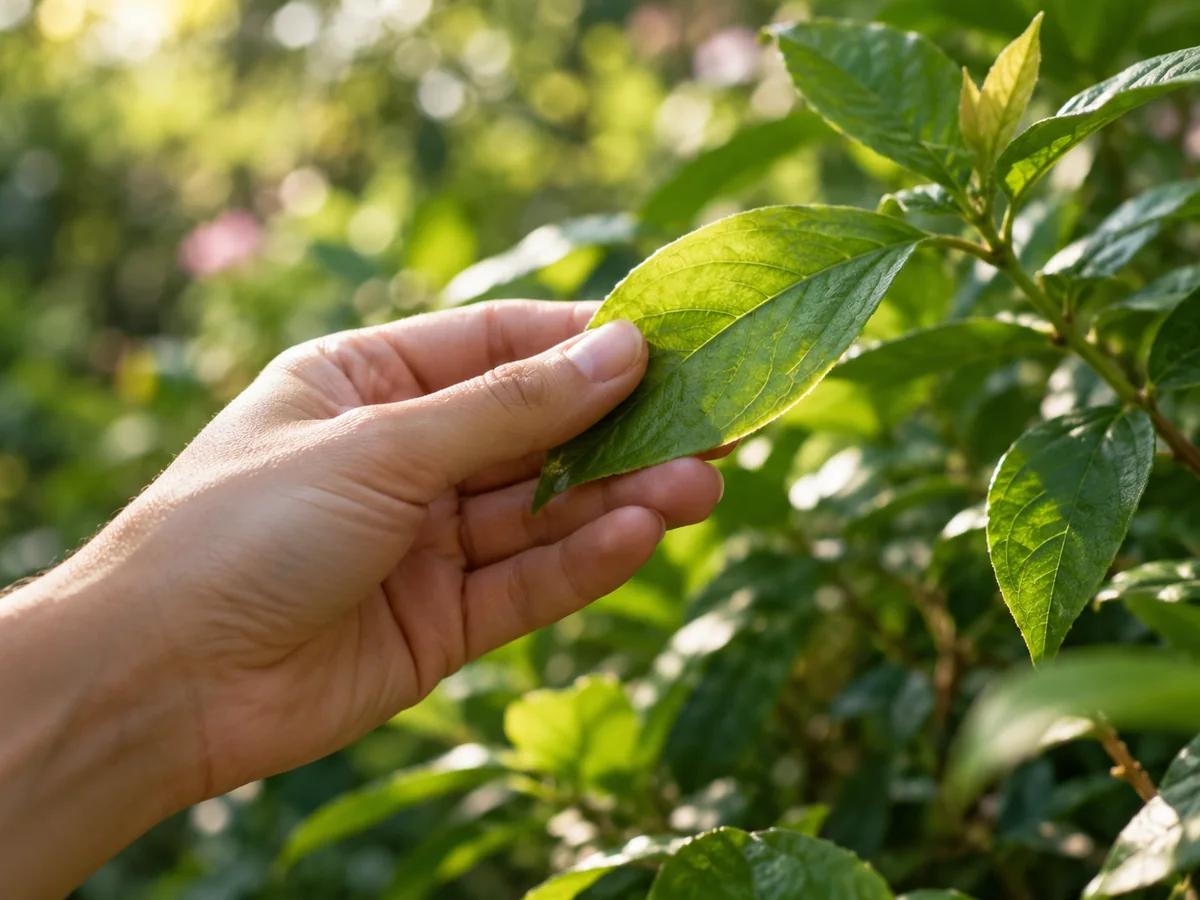 Mano sosteniendo una hoja verde a la luz del bosque